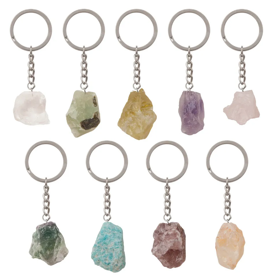 Hot Selling Natural Gemstone Pendant Keychain Men Womens Lucky 25-30mm Jade Quartz Amethyst Car Keyring Jewelry