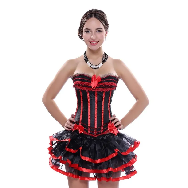Tiered Lacy Ruffle Satin Overbust Burlesque Corset With Black