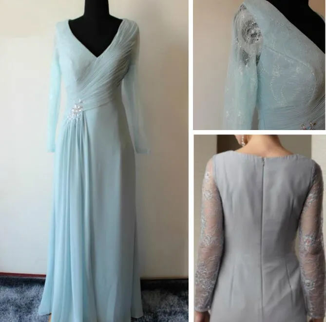2019 상위 판매 신부 드레스의 우아한 V - 목 어머니 시폰과 레이스시 - 긴 소매 V - 넥 크리스탈 이브닝 드레스
