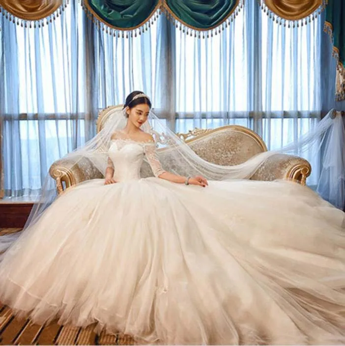princess long sleeve lace wedding dress Princess Lace Appliques Wedding Dress Long Puffy Sleeves Bridal Gowns –  Agustaprom main image 0