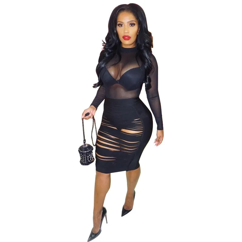 Women black mesh bodycon dress two-piece set with cowl neck and long cap  sleeves mid-calf length from Dhgate Basic & Casual Dresses - price 19.44