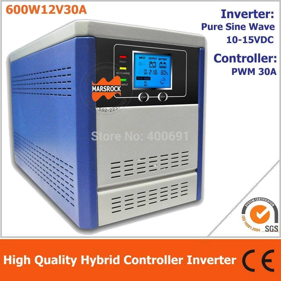 Freeshipping Hybrid controller inverter for off grid solar power system, 600W 12V pure sine wave inverter integrated with 30A PWM controller