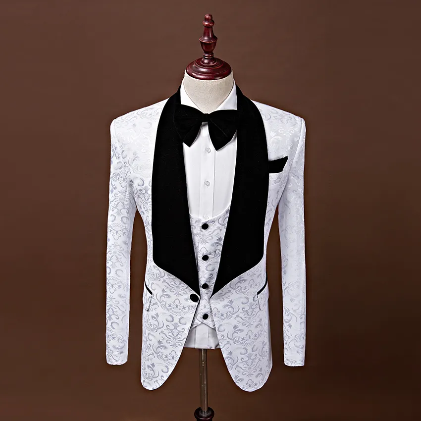 Moda Różowy Niebieski Kolor męska Ślub Tuxedos Jacquard Szal Lapel 3 Piece Prom Wedding Party Business Suit Kurtki Kamizelka i Spodnie Blazer