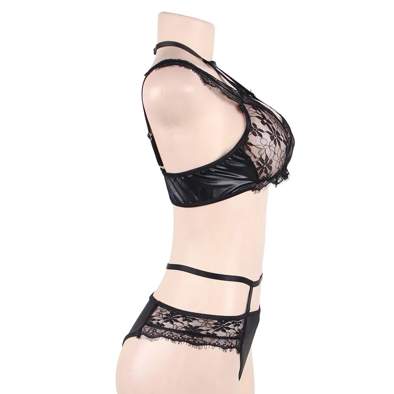 Lingerie érotique pour femmes, ensemble de soutien-gorge en cuir PU et dentelle, noir, Sexy, soutien-gorge Transparent, culotte ajourée, sous-vêtements