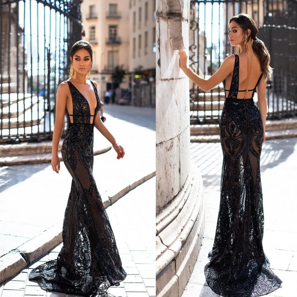 Sexy Black Mermaid Prom Dresses Backless See Through Lace Applique Sequined Evening Gowns Deep V Neck Cocktail Party Dresses robes de soirée