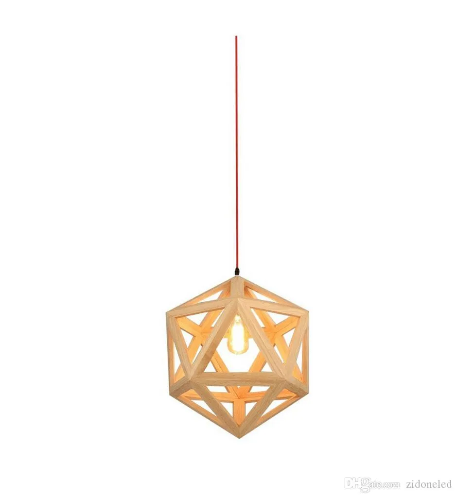 RH Loft LED Pendant Light Wood Drop Light Hexahedron Shaped Hanging Lamp for Living Room Dining Room