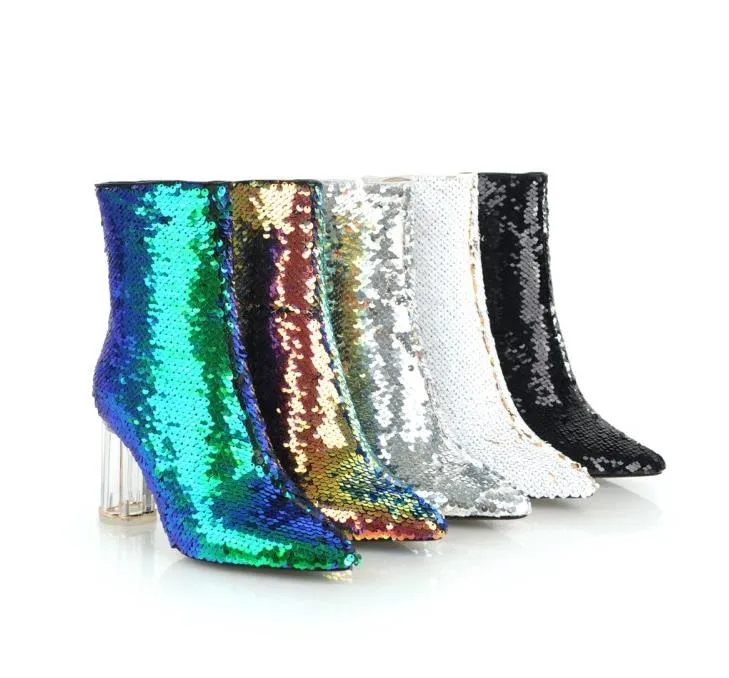 Sparkly Silver Sequins Transparent Clear Heels Ankel Bootie Luxury Designer Kvinnor Stövlar Rensa klackar Storlek 32 till 42 43