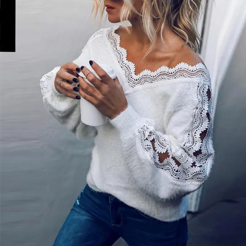 Damskie Swetry Patchwork Haft Hollow Out Koronkowy Sweter Kobiety Chic Ciepłe Dzianiny Pullover V-Neck White Fluffy Jumper