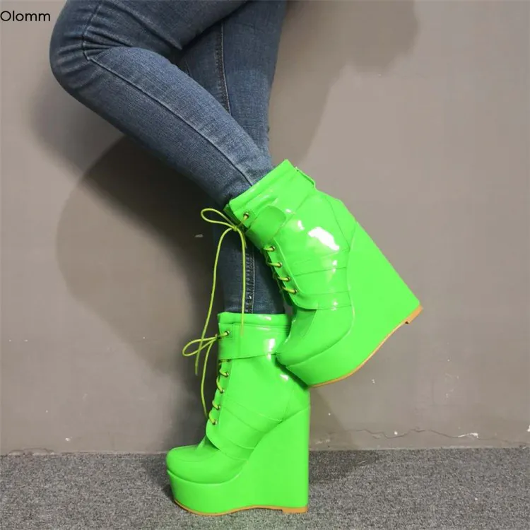 Rontic, botines de plataforma de invierno para mujer, cuñas sexis, botas de tacón alto, punta redonda, azul, verde, zapatos brillantes para mujer, tallas grandes de EE. UU. 5-15