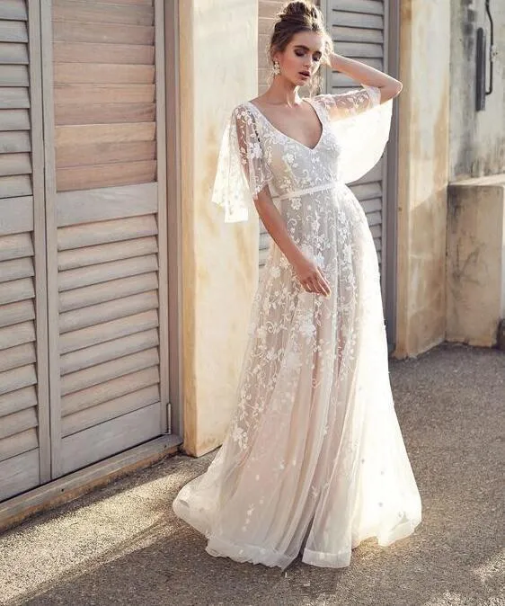 dhgate boho wedding dress White Dhgate Bohemian Wedding Dress V Neck White Lace Bell Sleeve Dress  Best Bell Sleeve Wedding Gown