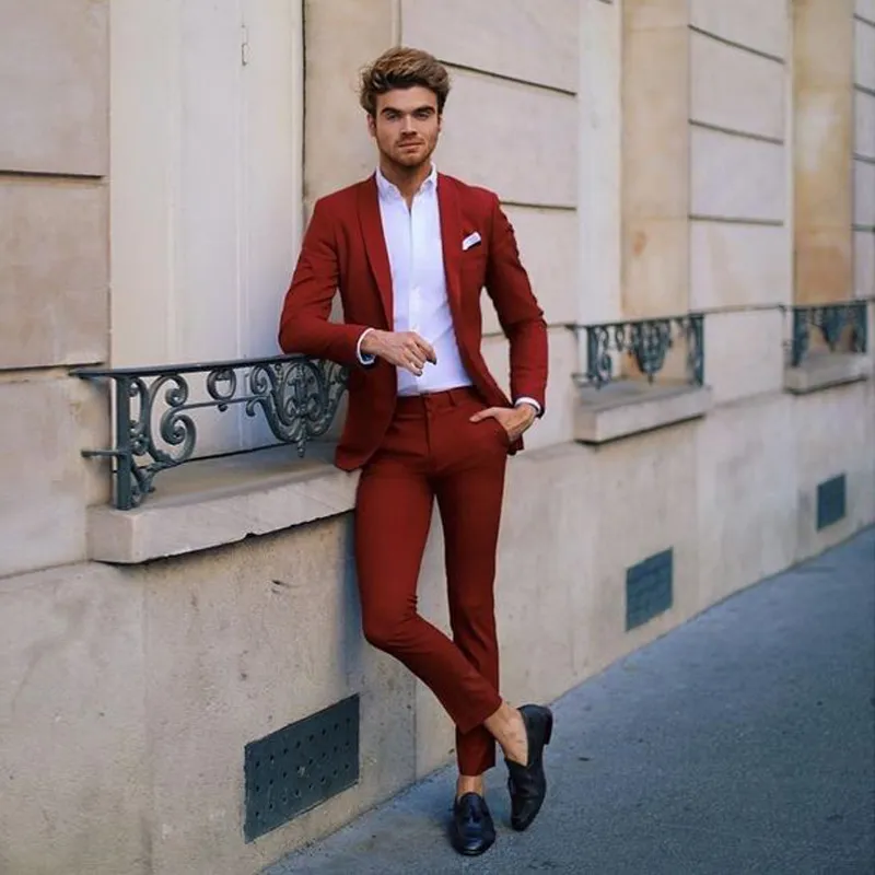 Dark Red Slim Fit Mens Prom Suits Shawl Lapel Wedding Suits For