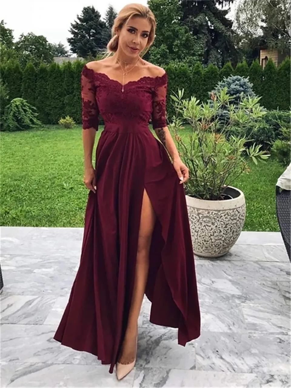 Burgundy Lace Long Evening Dress Robe de Soiree Half Sleeve Evening Party Dresses With Side Slit Vestido De Festa