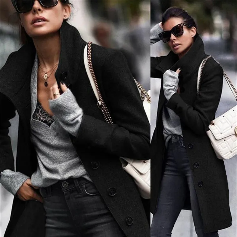 Wholesale-Autumn Jacket Casual Women New Fashion Long Woolen Coat Single Breasted Slim Type Female Winter Wool Coats Outerwear Overcoat