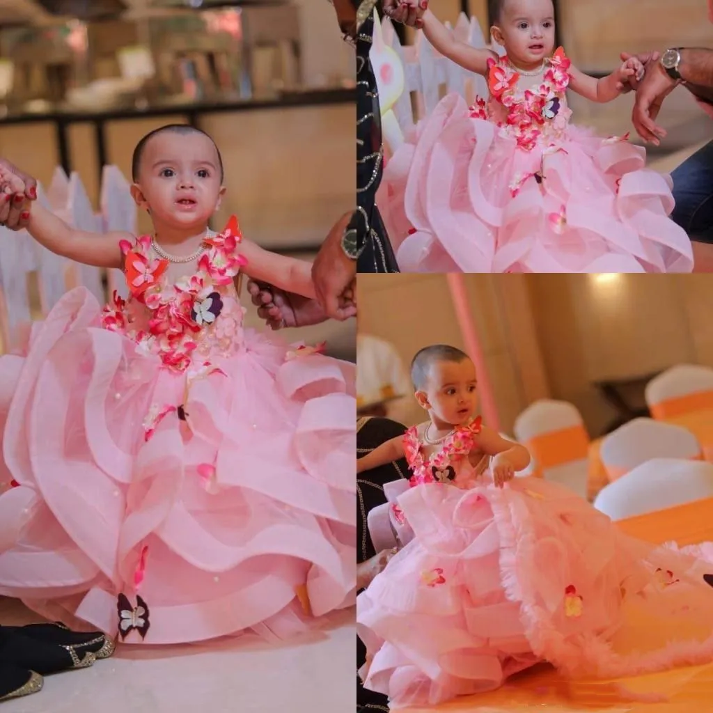 Pink Organza Ball Gown Flower Girl Dress Butterfly 3D Floral Applique Layered Ruffles Girls Pageant Dresses Birthday Party Dress