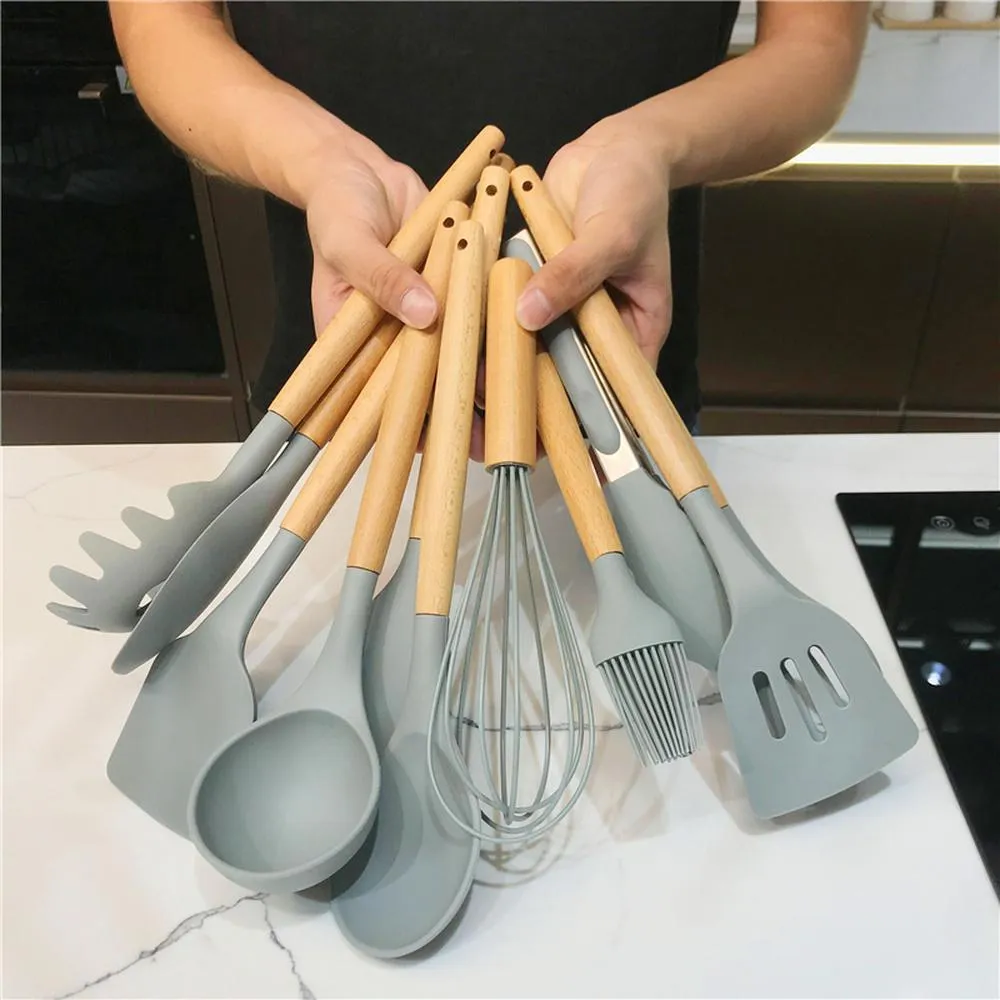 Ensemble d'ustensiles de cuisine en Silicone, accessoires en bois, avec spatule, louche, cuillères, outils de cuisine, ustensiles de cuisine, 12 pièces