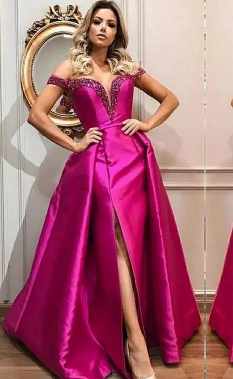 Custom Made Fuchsia Evening Dresses Train Off Shoulder Beads Sequin Front Side Split Celebrity Prom Dresses red transparent prom dress