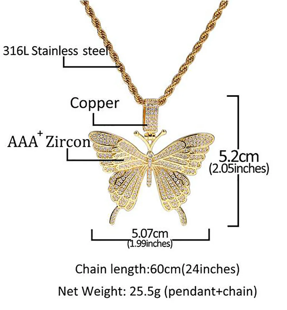 Collier pendentif papillon glacé en or 14 carats Micro pavé de zircone cubique diamants colorés pendentif papillon 3 mm chaîne de corde de 24 pouces 165v
