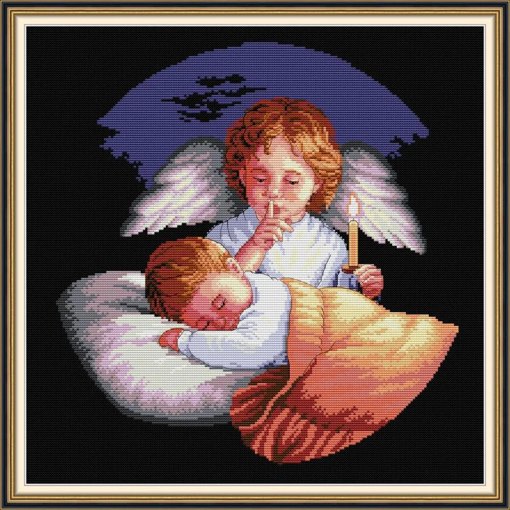 Angels Guarding Home Cross Stitch Kit, Handgemaakte Kruissteek Borduurwerk Handwerk Kits Tegeld Afdrukken op Canvas DMC 14CT / 11CT