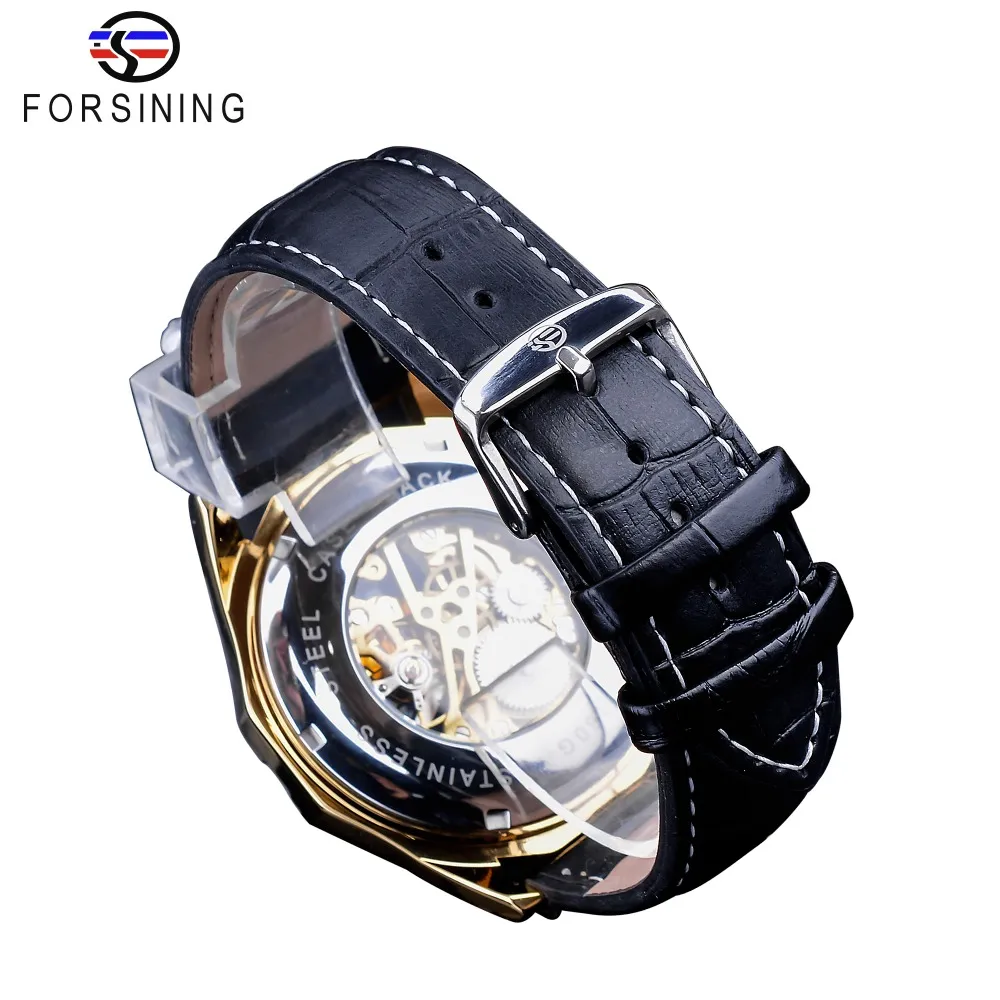 Forsining étanche doré noir squelette horloge deux boutons décoration mécanique montres pour hommes noir véritable cuir 336N