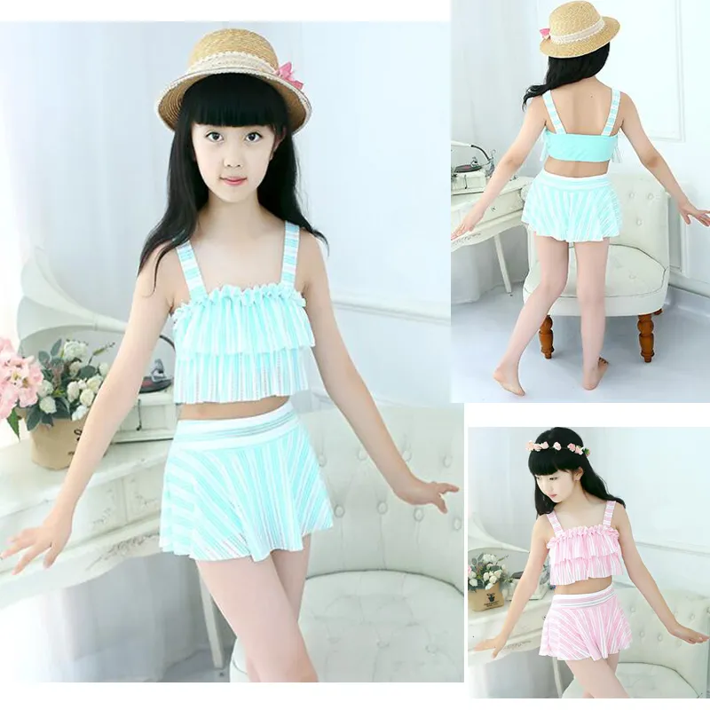 Quality Kids Swimwear Bikini Girls Swimsuit Baby Stripe Skirt Dresses Shoulder Less Princess 2 piece Children Bikini beach wear 5-12Y YY016