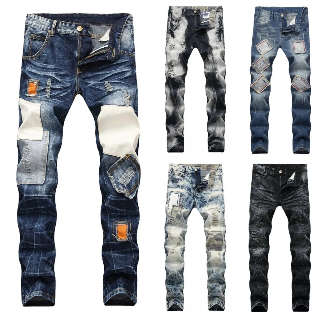 Mäns Ripped Biker Jeans Bomull Slim Fit Man Motorcykel Byxor Män Vintage Distressed Patchwork Denim Trousers 9 Färger Storlek 40 Y19072301