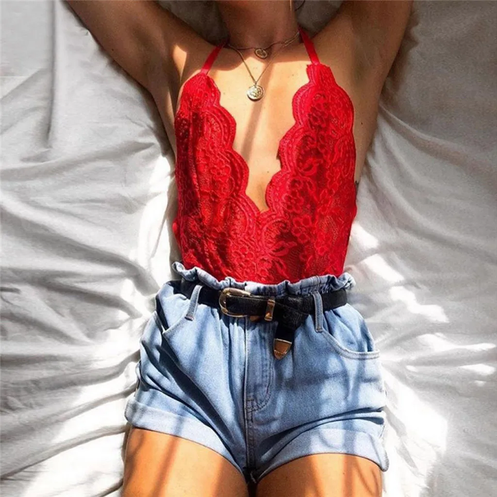 Hollow Out Sexy Lace Bodysuit Women V Neck White Halter Ee Through Bodysuit  Summer 2019 Bodycon Short Jumpsuits Rompers Female From Uinfashion, $9.35