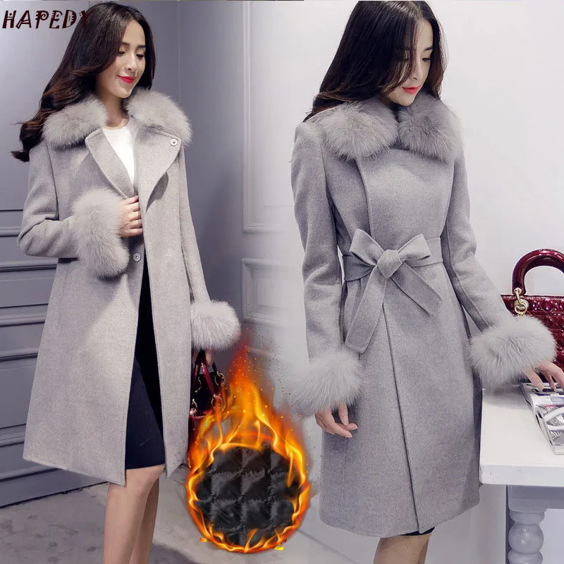 New Women Wool Coat Fur Autumn/Winter Thicken With Cotton Solid Color Coats Female Outerwear Woolen Warm Slim Jacket