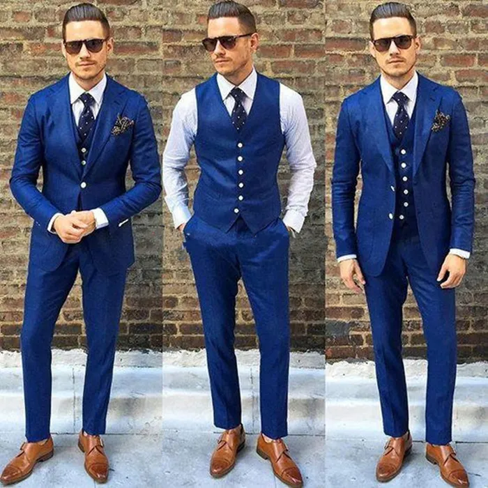 Nieuwe Bruidegom Tuxedos Groomsmen Two Button Blue Notch Revers Beste Man Pak Bruiloft Heren Blazer Pakken Custom Made (Jacket + Pants + Vest + Tie) 1400