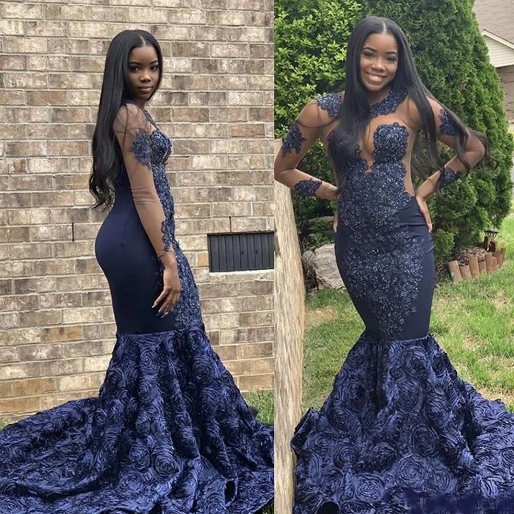 Vintage Black Girls Długim Rękawem Prom Dresses Sheer Wysokiej Neck Aplikacje 3D Flory Kwiat Dna Długa Suknie Wieczorowa Formalna