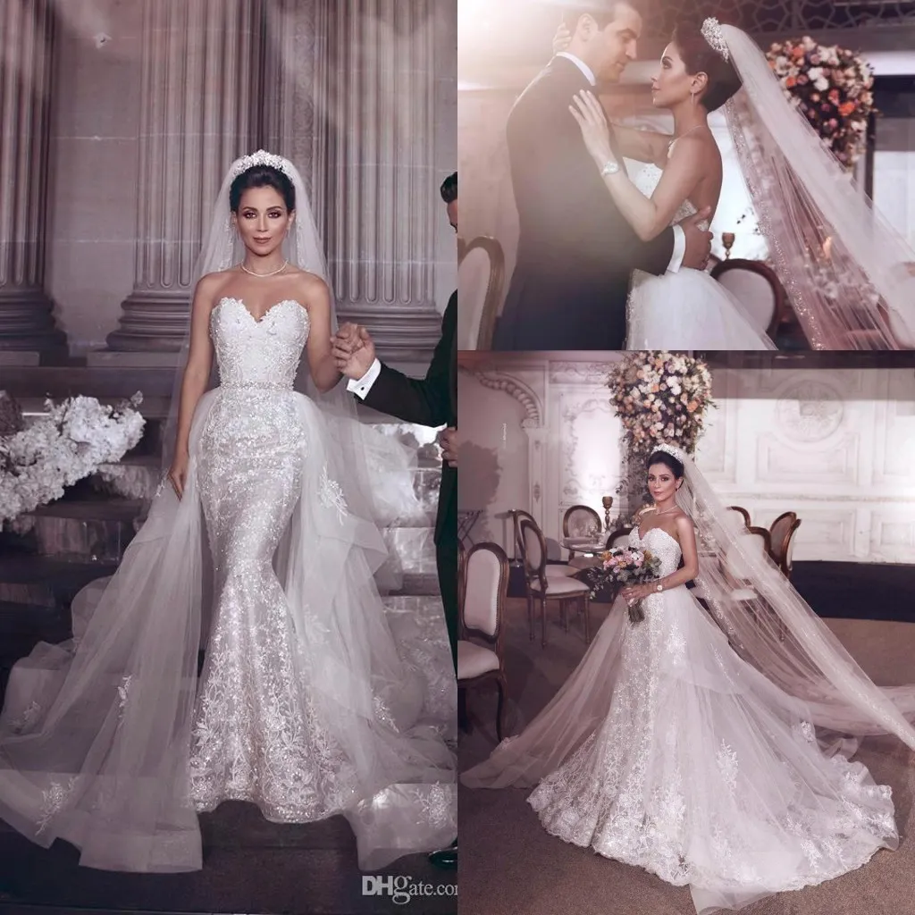 2019 Vestidos De Novia De Sirena Con Cuello En Forma De Corazon De Encaje Completo Sexy Vestidos De Novia Con Marco De Cuentas Unico Robe De Mariage Con Tul Sobre Faldas BC1983