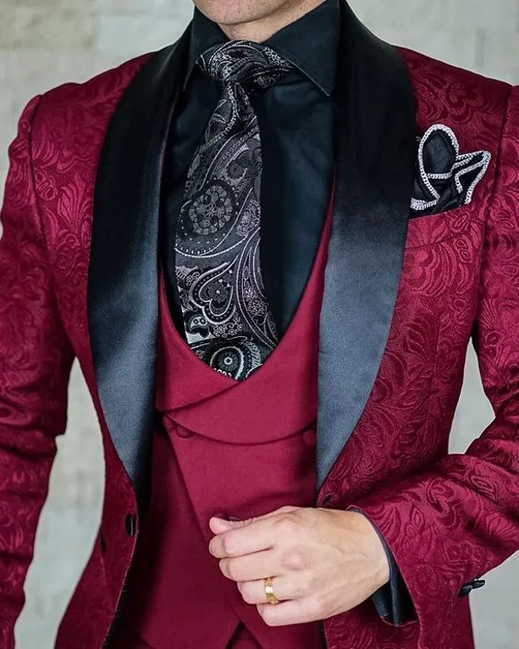 Mens Dark Red Black Pattern Suit Groom Tuxedo, Wedding, Prom