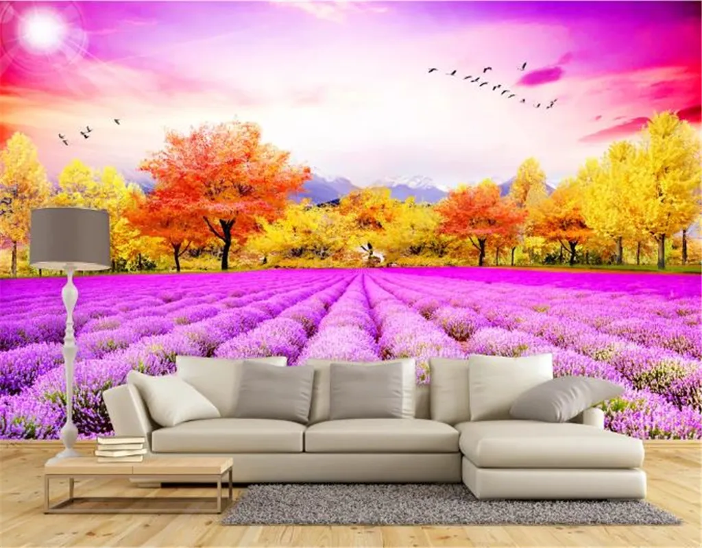 European Style Lavender Gold Tree 3D TV Sofa Wall Discount For Cheap Wallpaper