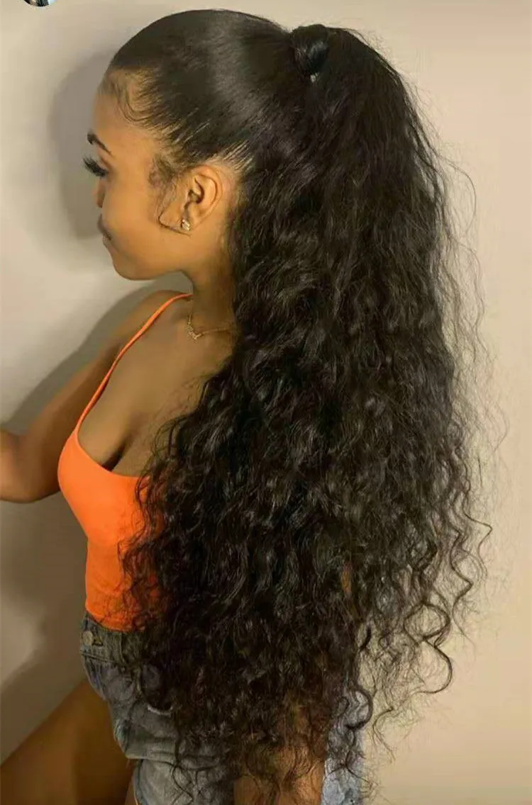 Milho onda encaracolado Wrap Around Clipe Rabo Extensões de cabelo humano real em / sobre Pony Tails extensões de cabelo para as mulheres 20inch 2 # escuro