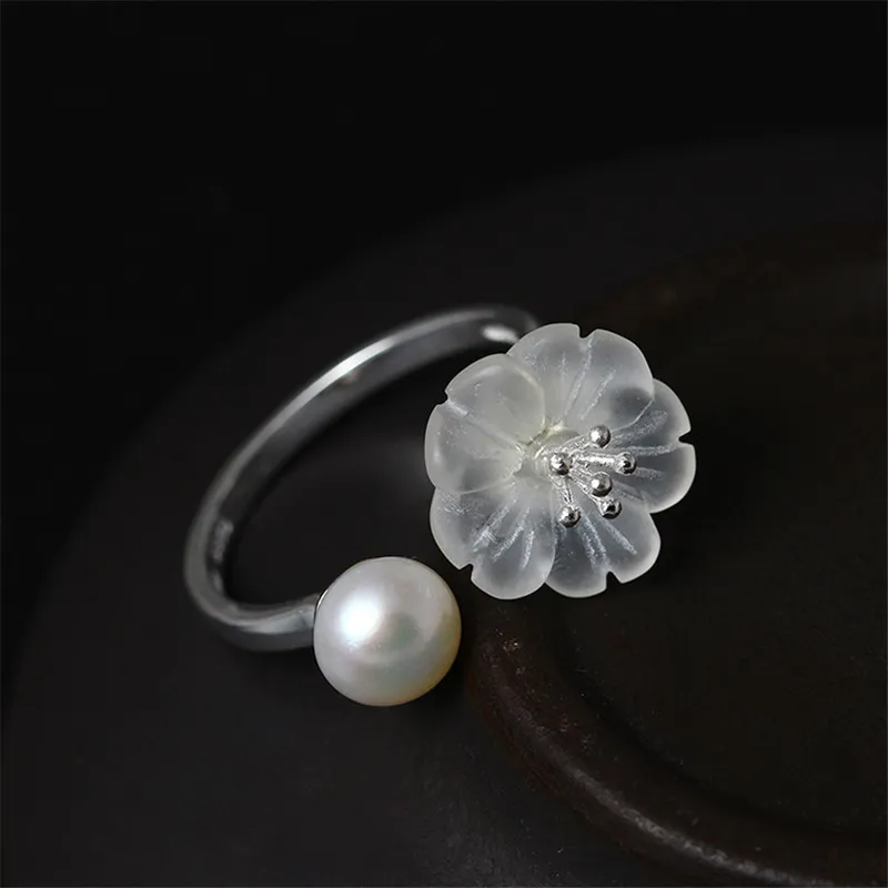 925 Sterling Silver Crystal Raining Flower Natural Słodkowodne Pearl Open Rozmiar Pierścienie Dla Kobiet Miłośników Prezenty Pierścień Oświadczenie etniczne