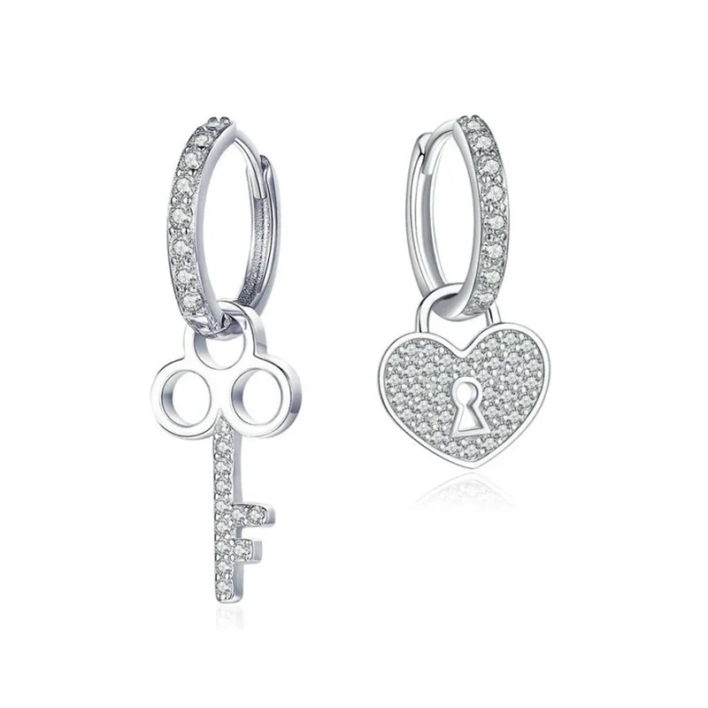 S925 Sterling Silver Earrings Dangle Lock and Key Women Silver Ear Ring Body Jewelry for Girls