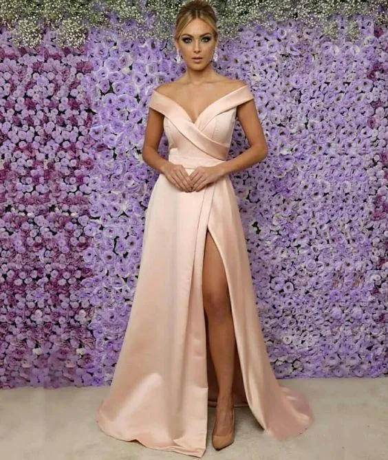 2024 Sexy Blush Pink A-Line Mother of the Bride Dress Froms Off Plouds V-образный атлас Satin High Front Loder Длина Свадебные гостевые вечерние платья 403