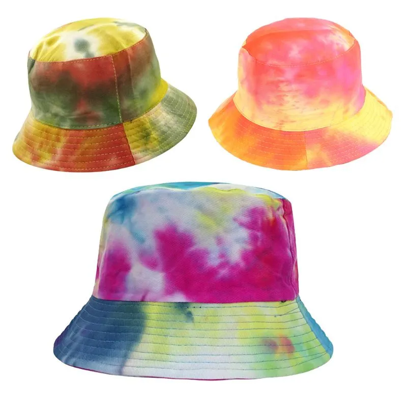 Women Men Harajuku Tie-Dye Contrast Colored Bucket Hat Reversible Packable Wide Brim Sun Visor Hip Hop Cotton Fisherman Cap Summer 2023