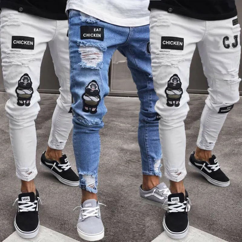 2020 Moda erkek Yırtık Skinny Jeans Yıpranmış Yıpranmış Slim Fit Denim Pantolon Fermuar S M L XL 2XL