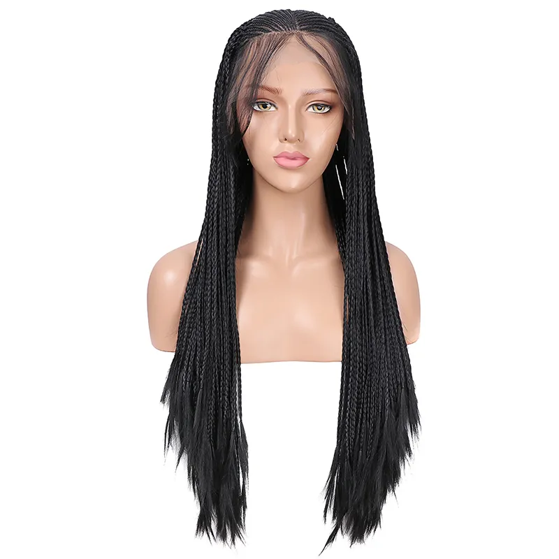 Long Braided Box Braids Synthetic Lace Front Wig Heat Resistant Fiber Hair Black Glueless Lace Wigs For Women With Baby Hair
