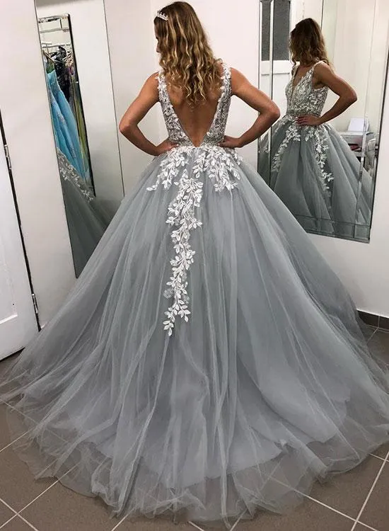 Grey and best sale white prom dress