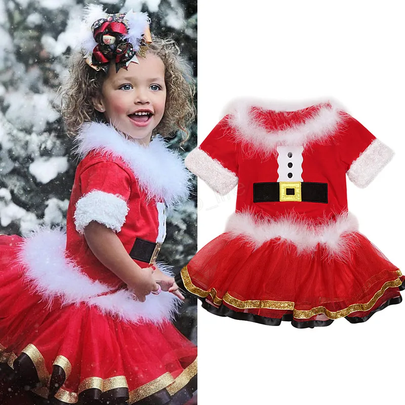 Kerstmis Kinderkleding Jurk Sets Kind Santa Claus Bont Kraag Tops Gaas Tutu Rokken 1 stks / set Xmas Rok Baby