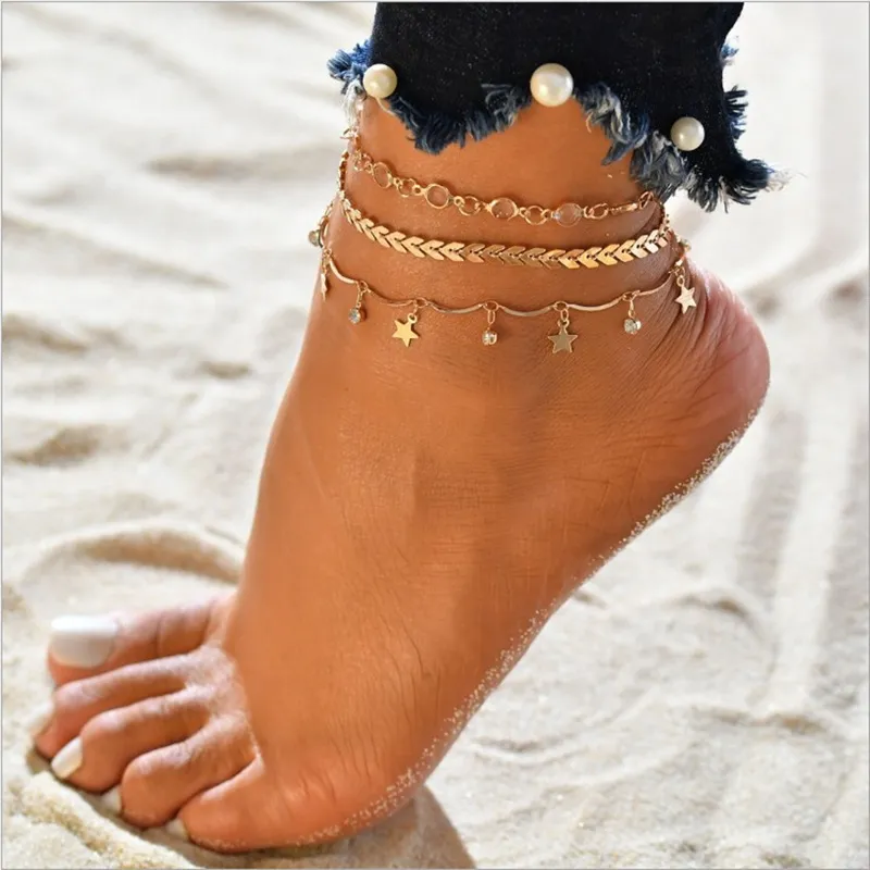 Crystal Arrow Leaf Tassel Anklet Chain Gold Multilayer Wrap Foot Chain Foot Bracelet Fashion Beach Jewelry Will and Sandy