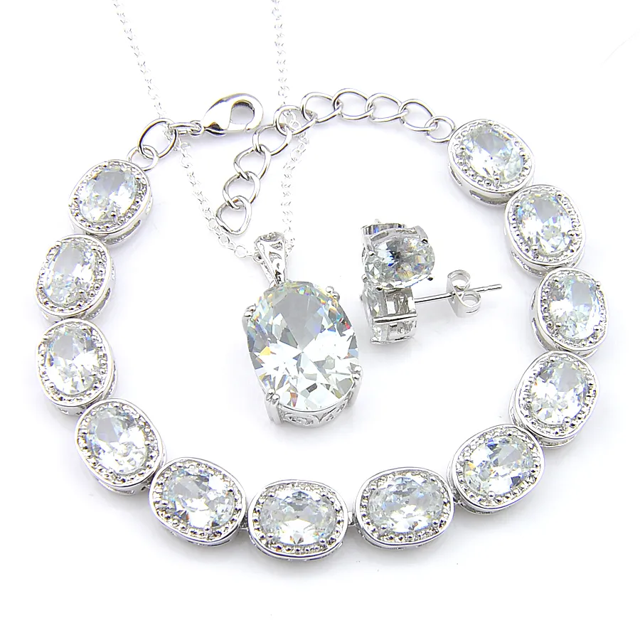 3Pieces/Set Women Weddings Jewelry Bracelet Pendants stud Earrings Sets Oval White Fire Topaz 925 Silver Necklace Fashion Bridal Accessories