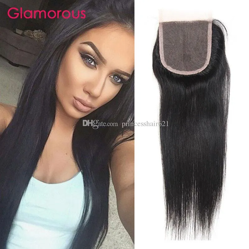 Glamorösa malaysiska peruanska indiska brasilianska raka hårluckan 1pcs Virgin Remy Hair 4x4 Lace Stänger Original Human Hair Pieces för Kvinnor