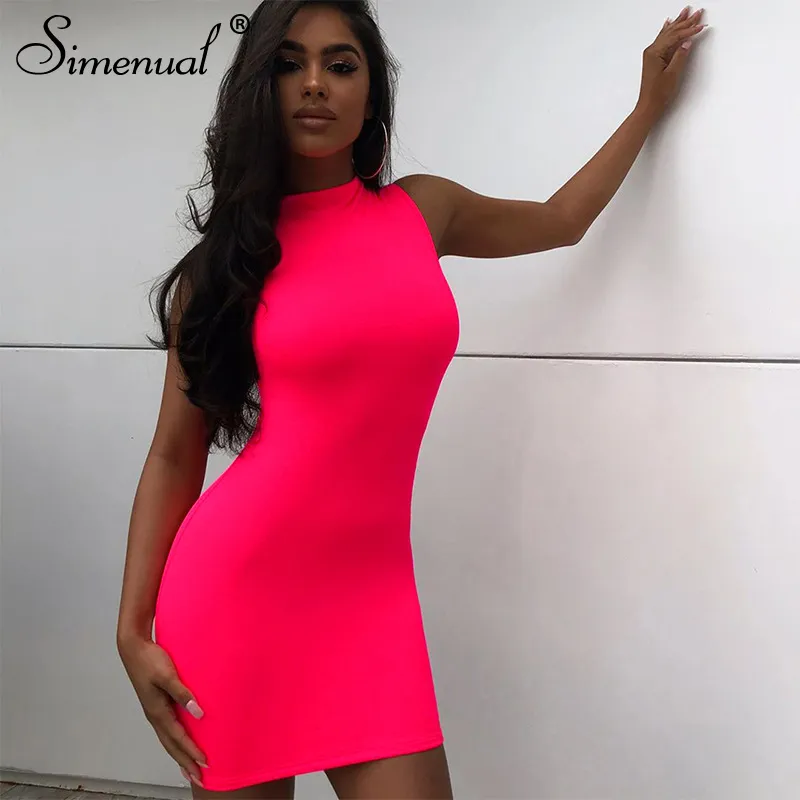 Simenual neon roze mouwloze vrouwen mini jurk bodycon sexy fashion party clubwear skinny solide slanke basic 2020 hot jurken slank