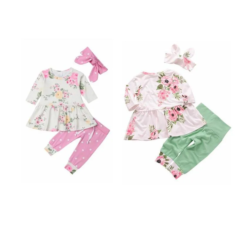 Baby Roupas Meninas Floral Impresso Roupas Conjuntos Kids Ruffle Top Dot Calças Headband Suits Child Manga Longa Manga Quente Outfits Hairband Terno AYP481