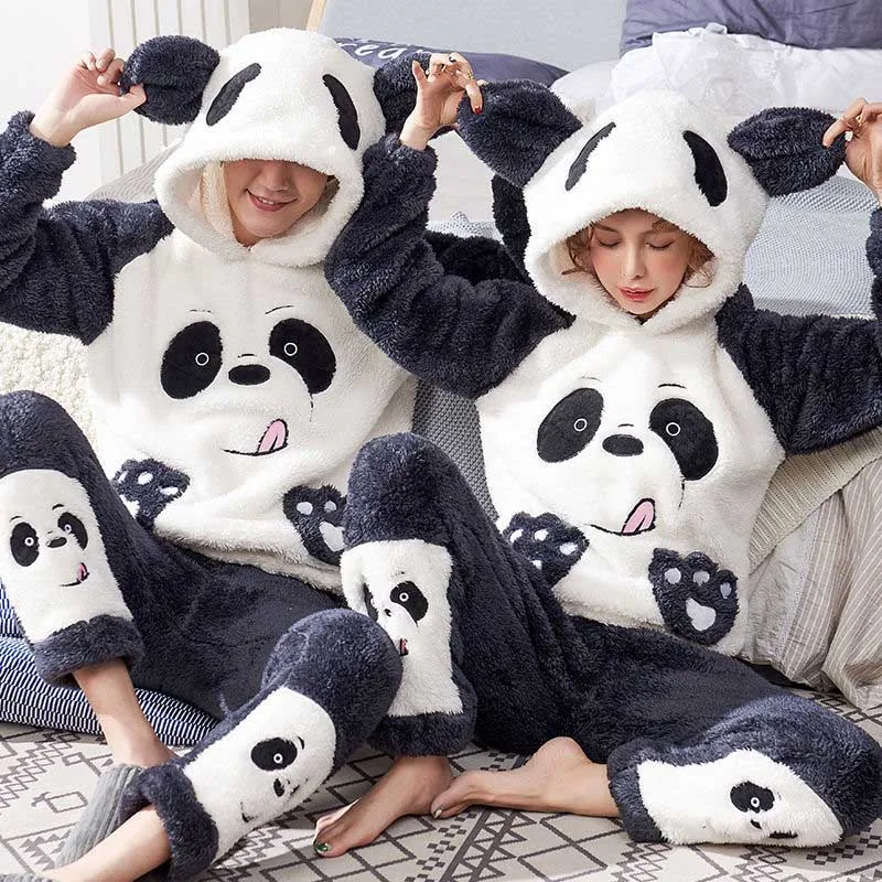 Men's Sleepwear Unisex Adult Couple Pajamas Men Winter Velvet 2 Pieces Warm Flannel Pajama Set Animal Cartoon Cute Hooded Home Clothes