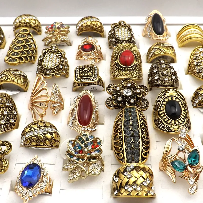 50pcs Gold Color Baroque Style Vintage Rhinestone Rings Mixed Designs For Women