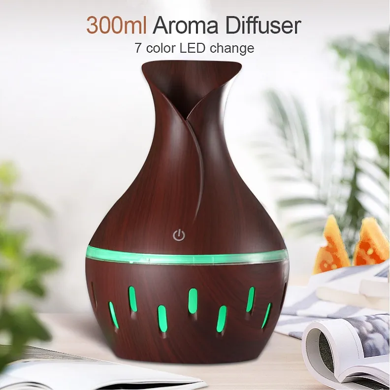 Essential Oil Diffuser 300ml Wood Air Humidifier Air Humidifier Purifier with Wood Grain shape 7colors Changing LED Lights for Office Home