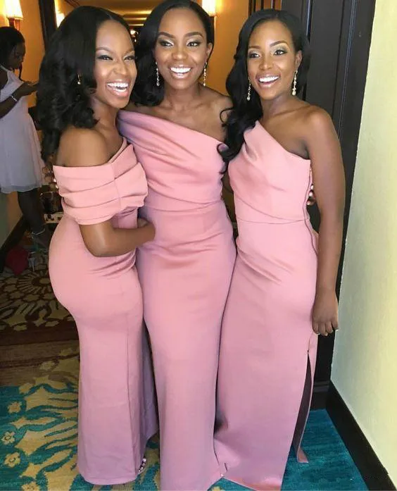 Pink Satin African Nigerian Bridesmaid Dresses Side Split Maid Of Honor Gowns Garden Formal Wedding Guest Party Gowns One Shoulder Customize